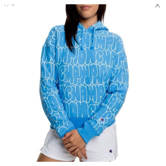 Champion Reverse Weave Hoodie Womens Sz M Blue Bubble Letter All Over Logo Y2K - Picture 2 of 8